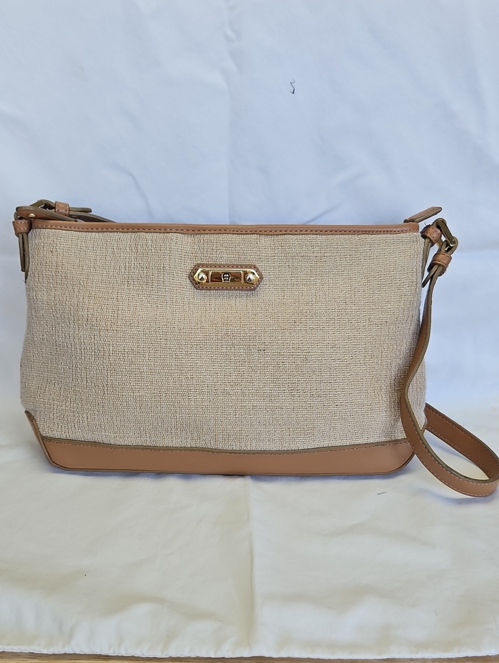 Etienne Aigner Beige Canvas Shoulder Bag with Tan Trim